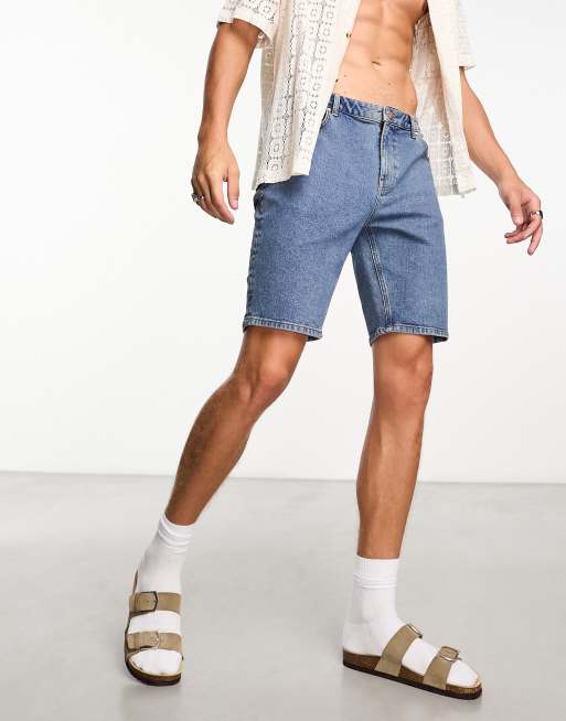 ASOS DESIGN - Pantaloncini di jeans skinny lunghezza normale blu lavaggio medio piatto, 4 di 4