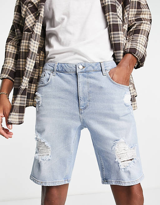 Pantaloncini di jeans in cotone lavaggio medio Asos Uomo Abbigliamento Pantaloni e jeans Shorts Pantaloncini LBLUE 