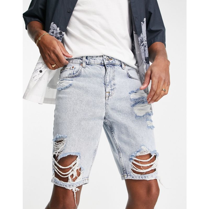 Uomo Pantaloncini DESIGN - Pantaloncini di jeans slim lavaggio chiaro con strappi vistosi 