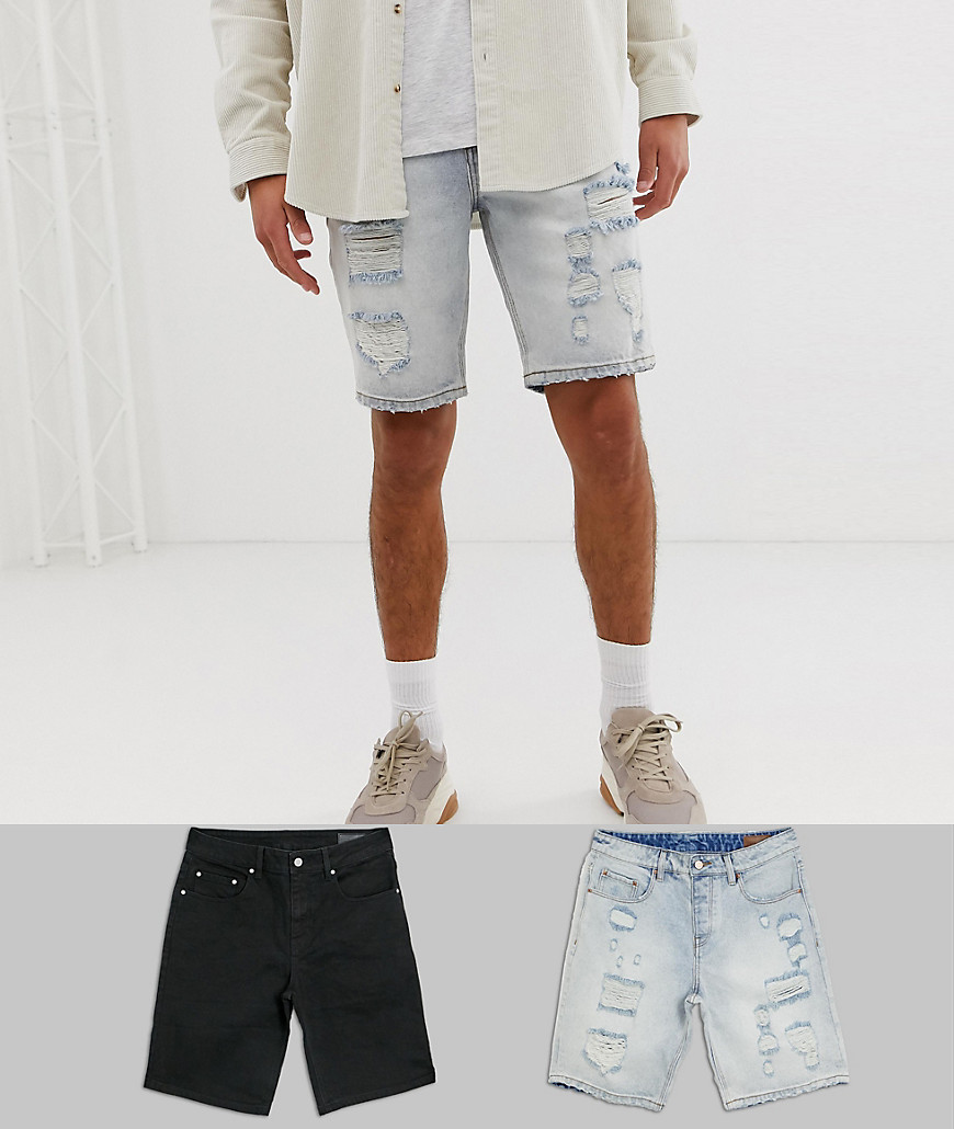 ASOS DESIGN - Pantaloncini di jeans slim lavaggio chiaro e nero slavato con strappi vistosi-Multicolore