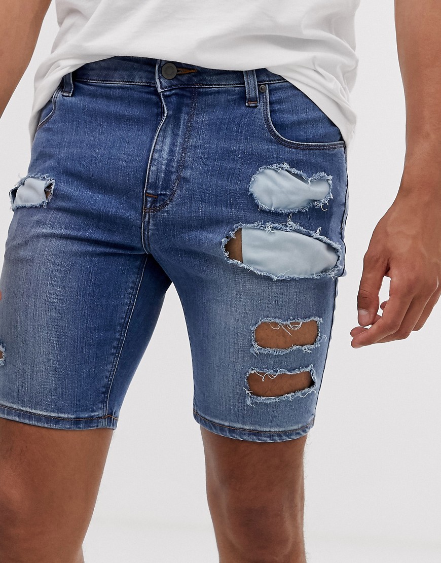ASOS DESIGN - Pantaloncini di jeans super skinny blu lavaggio medio-Multicolore
