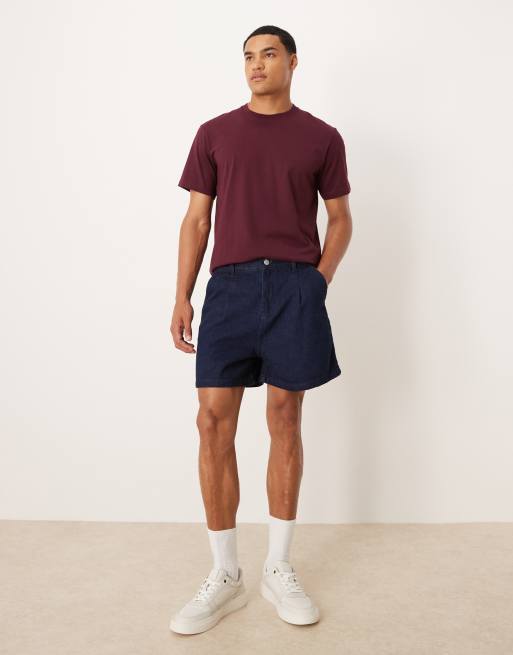 ASOS DESIGN - Pantaloncini di jeans taglio corto lavaggio blu grezzo con pieghe