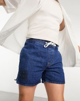 ASOS DESIGN pull on shorter length denim shorts in mid wash blue - ASOS Price Checker