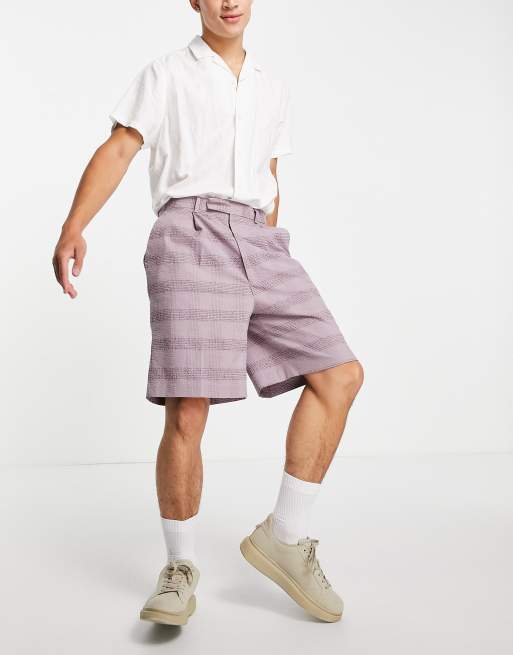 ASOS DESIGN - Pantaloncini eleganti a vita alta slim in lino seersucker lilla, 4 di 4