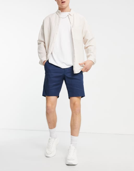 ASOS DESIGN - Pantaloncini eleganti skinny in misto lino blu navy
