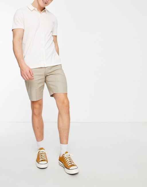ASOS DESIGN - Pantaloncini eleganti skinny in misto lino color pietra, 3 di 4