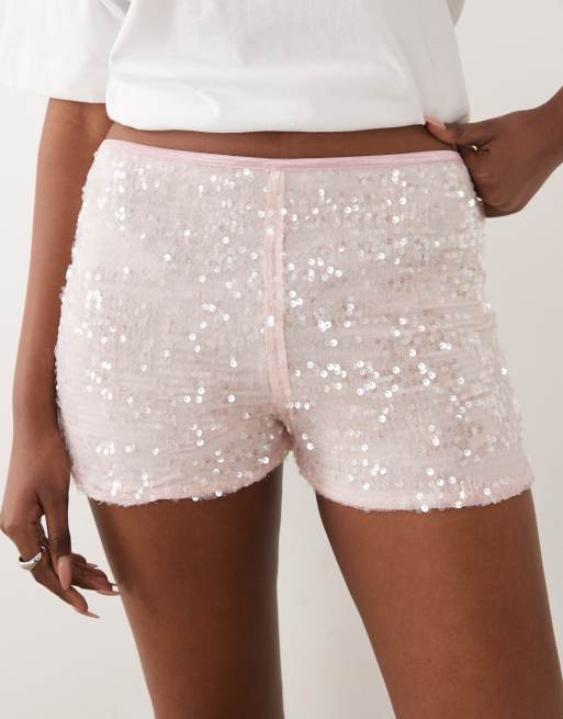 ASOS DESIGN - Pantaloncini hotpant rosa con paillettes trasparenti in coordinato, 3 di 5