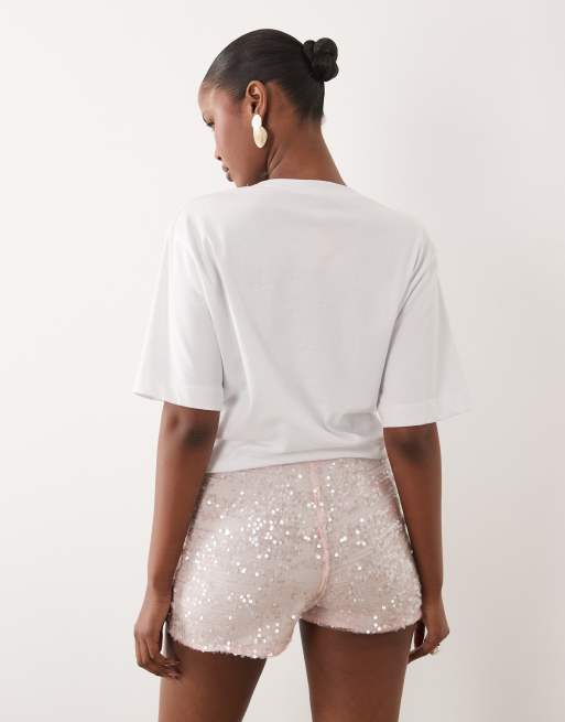 ASOS DESIGN - Pantaloncini hotpant rosa con paillettes trasparenti in coordinato, 5 di 5