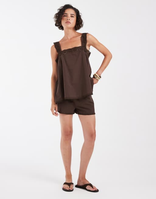 ASOS DESIGN - Pantaloncini in cotone con finiture in pizzo in coordinato, 2 di 3