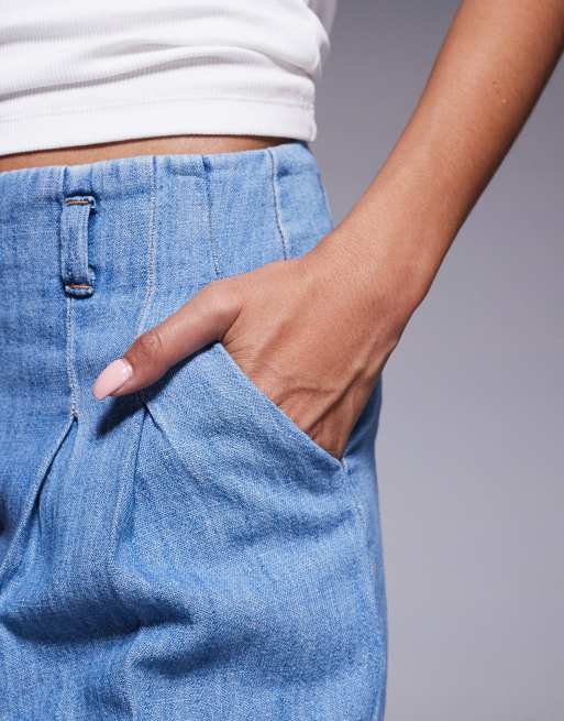 ASOS DESIGN - Pantaloncini in denim blu lavaggio medio in misto lino con cintura, 3 di 5