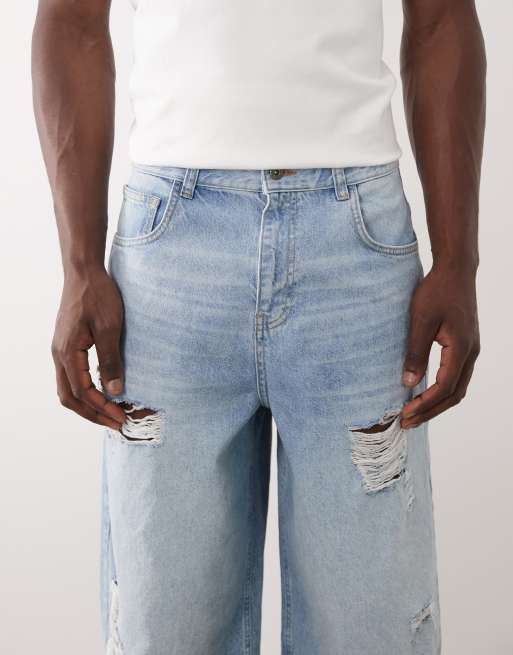 ASOS DESIGN - Pantaloncini in denim lunghi lavaggio blu chiaro con strappi, 2 di 5