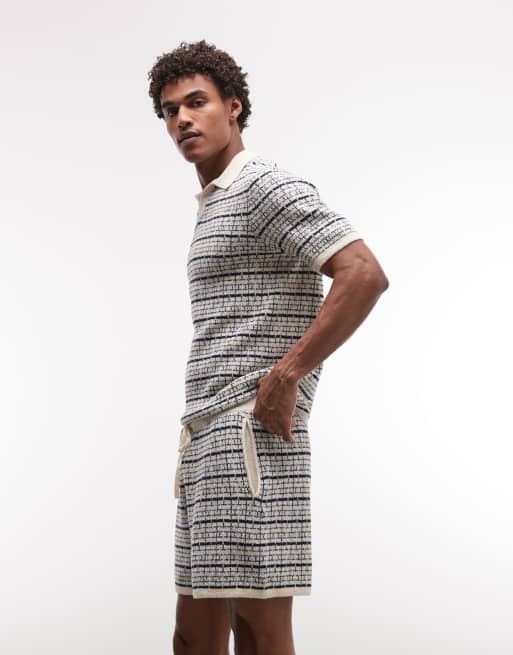 ASOS DESIGN - Pantaloncini in maglia a righe blu navy ed écru in coordinato, 4 di 5