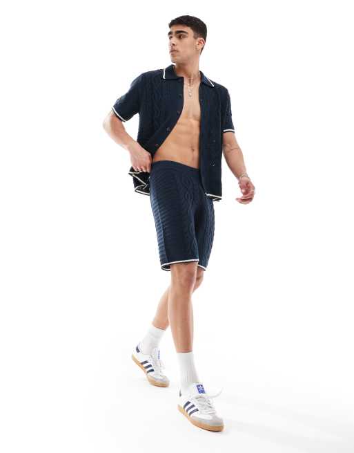 ASOS DESIGN - Pantaloncini in maglia a trecce e traforata blu navy con bordi a contrasto in coordinato