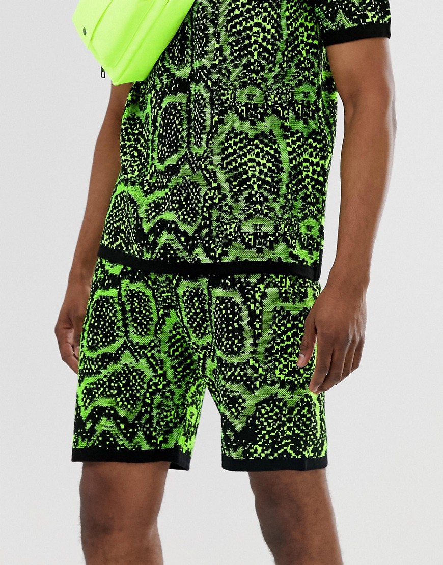 ASOS DESIGN - Pantaloncini in maglia con design pitonato fluo in coordinato-Verde