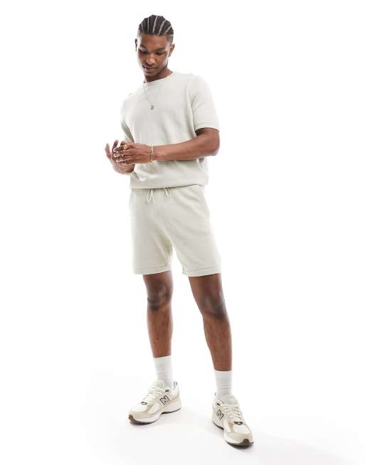 ASOS DESIGN - Pantaloncini in maglia di cotone di media pesantezza color pietra in coordinato