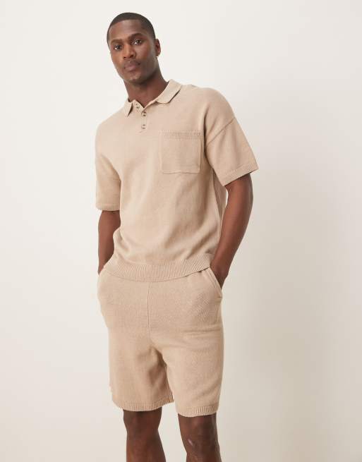 ASOS DESIGN - Pantaloncini in maglia di cotone di media pesantezza color pietra in coordinato