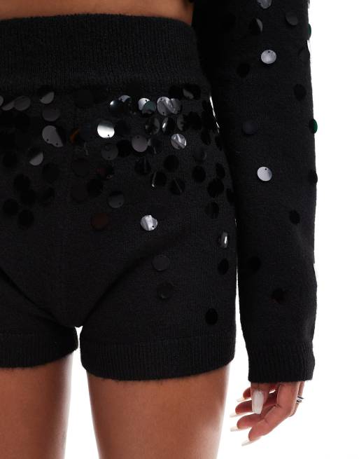 ASOS DESIGN - Pantaloncini in maglia neri con paillettes in coordinato, 3 di 5