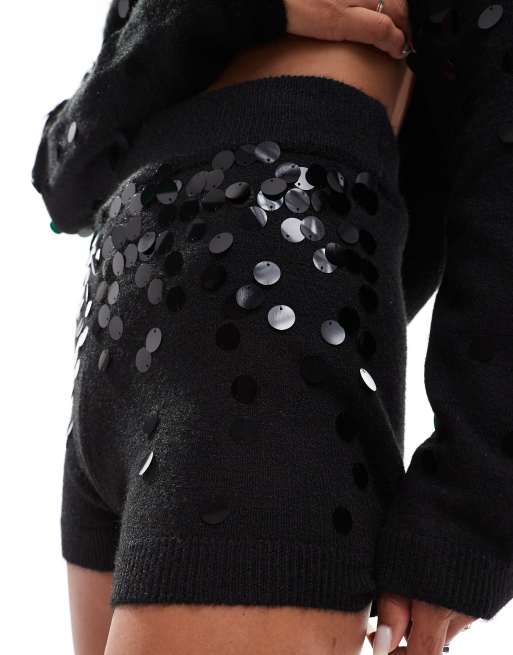 ASOS DESIGN - Pantaloncini in maglia neri con paillettes in coordinato, 5 di 5