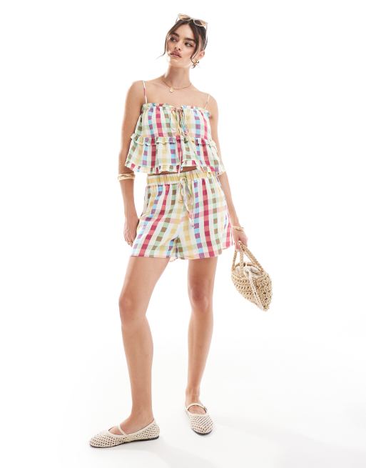 ASOS DESIGN - Pantaloncini in misto lino a quadri multicolore