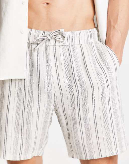 ASOS DESIGN - Pantaloncini in misto lino beige a righe a media lunghezza 