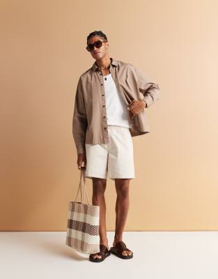 ASOS DESIGN - Pantaloncini in misto lino taglio medio color pietra