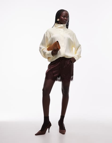 ASOS DESIGN - Pantaloncini in raso marroni con finiture in pizzo - view 1