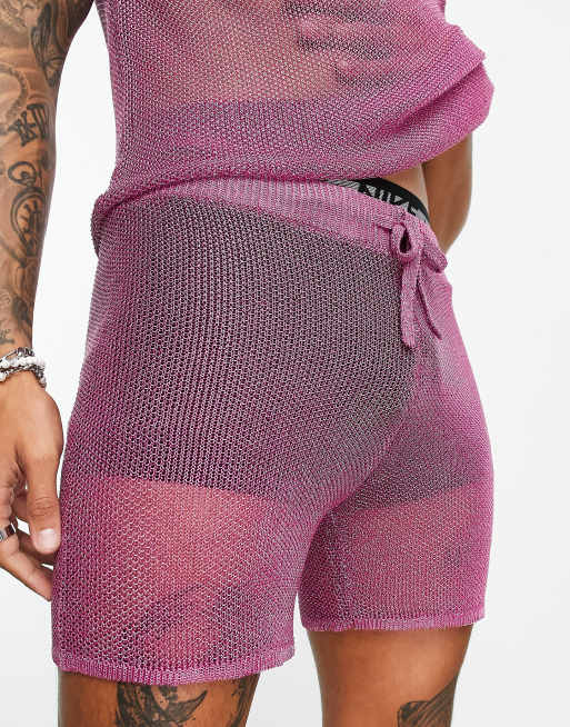 ASOS DESIGN - Pantaloncini in rete a maglia rosa metallizzato in coordinato, 4 di 4