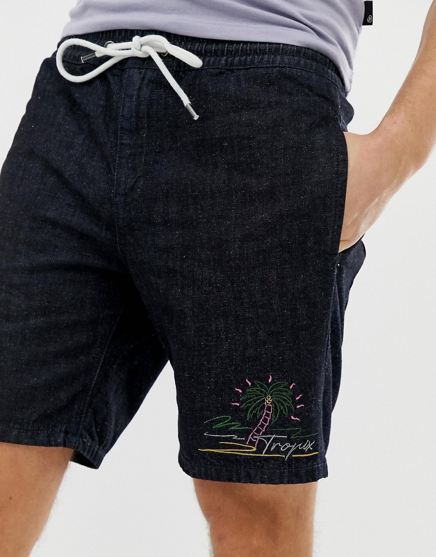 ASOS DESIGN - Pantaloncini larghi di jeans indaco con ricami-Nero