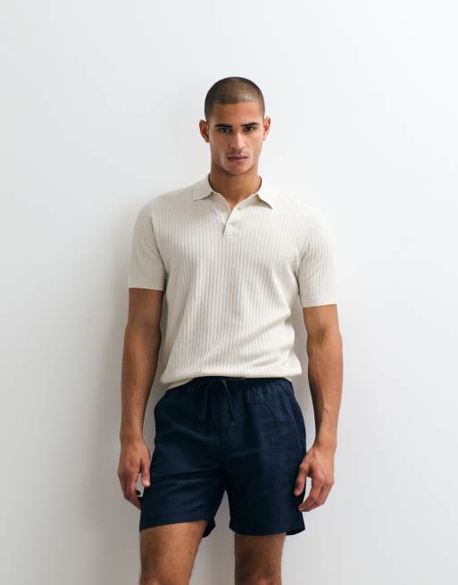 ASOS DESIGN - Pantaloncini lunghezza media slim in 100% lino color blu navy in coordinato