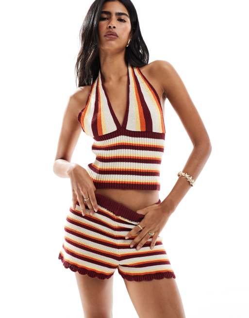 ASOS DESIGN - Pantaloncini micro in maglia multicolore a righe a vita alta in coordinato