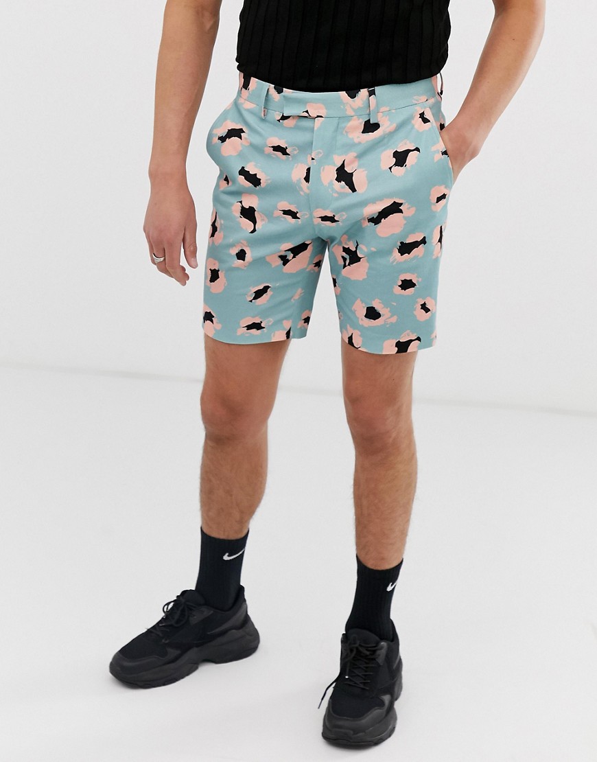 ASOS DESIGN - Pantaloncini skinny eleganti in cotone con stampa di leopardi-Blu