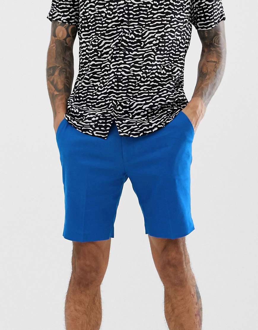 ASOS DESIGN - Pantaloncini skinny eleganti in lino blu reale
