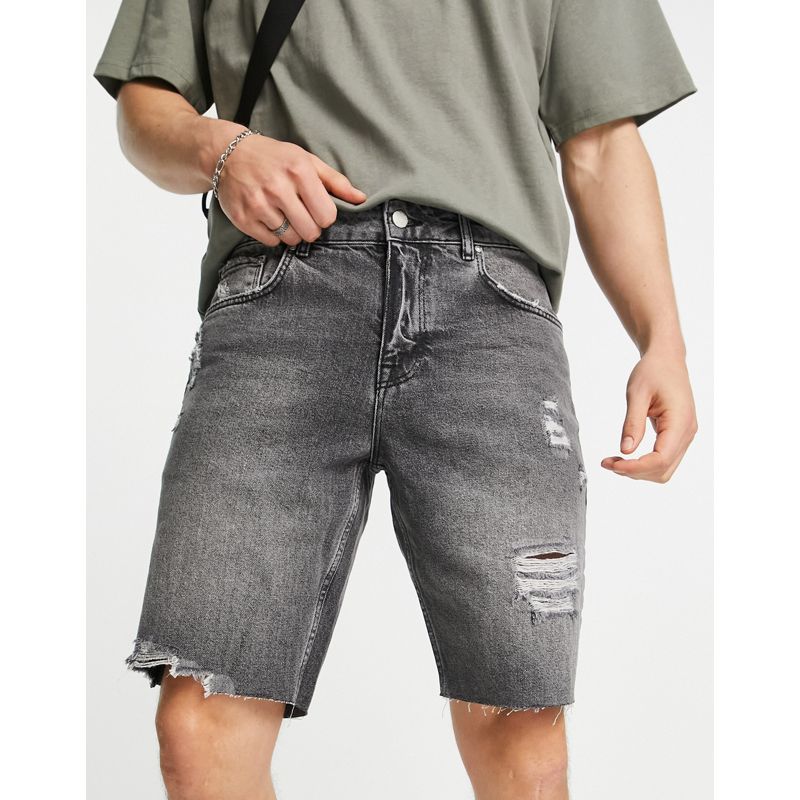 DMbsR Pantaloncini DESIGN - Pantaloncini slim di jeans grigio slavato con abrasioni e fondo grezzo 