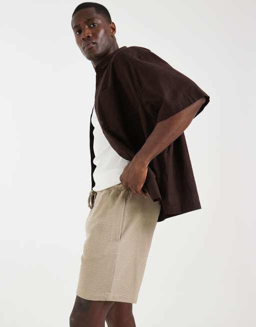 ASOS DESIGN - Pantaloncini slim in jersey testurizzato beige, 4 di 5