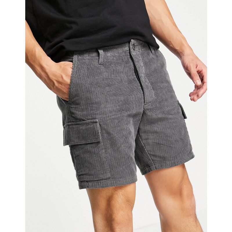 Uomo Pantaloncini cargo DESIGN - Pantaloncini slim in velluto a coste antracite con tasche cargo