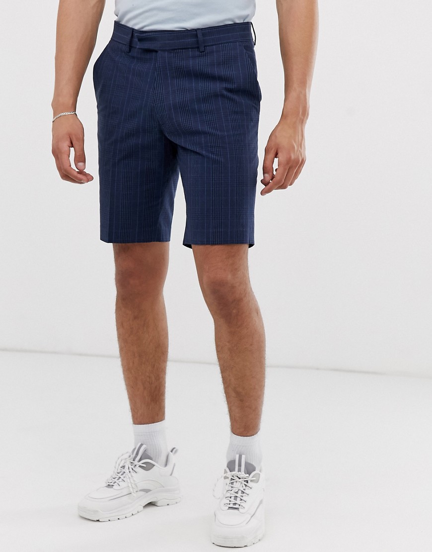 ASOS DESIGN - Pantaloncini slim medi in seersucker blu navy a quadri