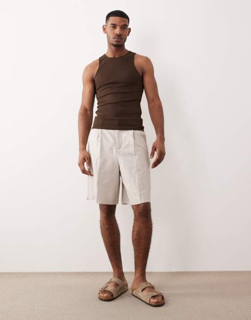 ASOS DESIGN - Pantaloncini stile bermuda color pietra sartoriali in misto lino