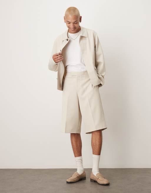 ASOS DESIGN - Pantaloncini stile bermuda eleganti in twill color pietra con vita elasticizzata in coordinato