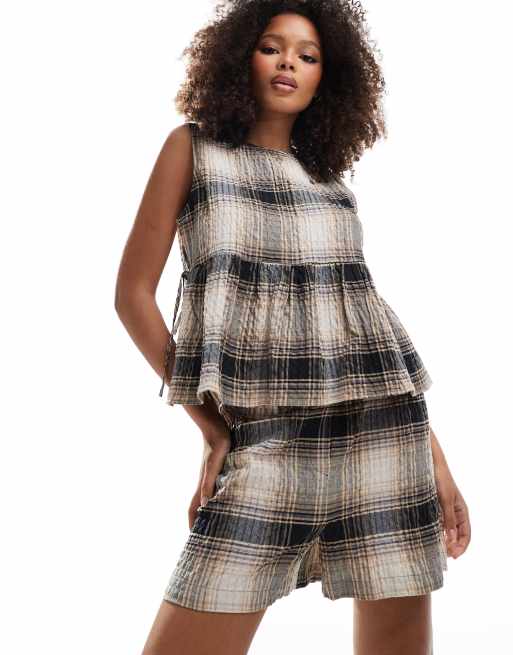 ASOS DESIGN - Pantaloncini stile boxer a quadri marroni in coordinato