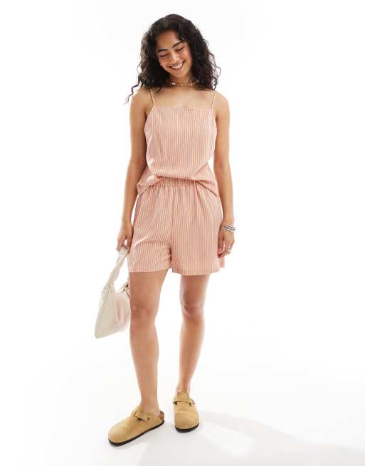 ASOS DESIGN - Pantaloncini stile boxer effetto lino arancioni a righe in coordinato
