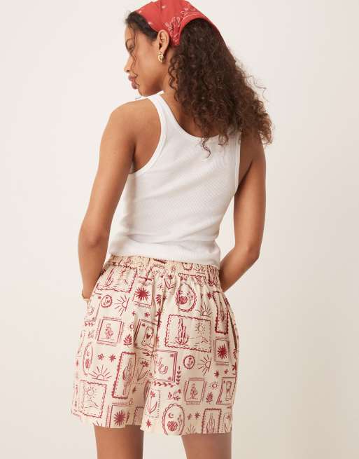 ASOS DESIGN - Pantaloncini stile boxer in lino con stampa western in coordinato, 4 di 5