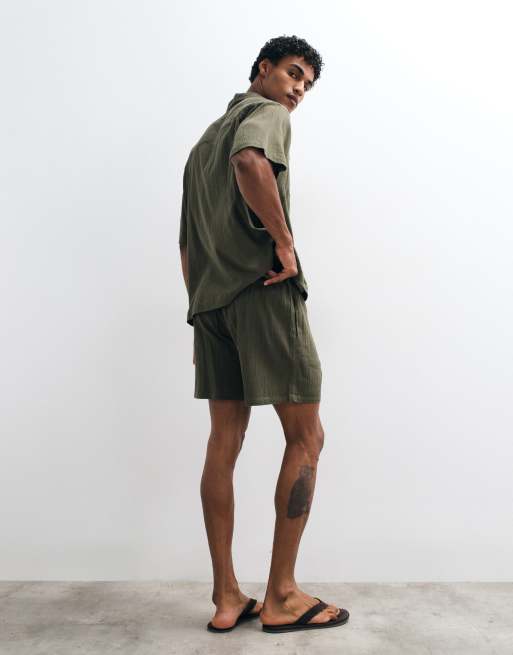ASOS DESIGN - Pantaloncini stropicciati lunghezza media verde scuro in coordinato, 3 di 5