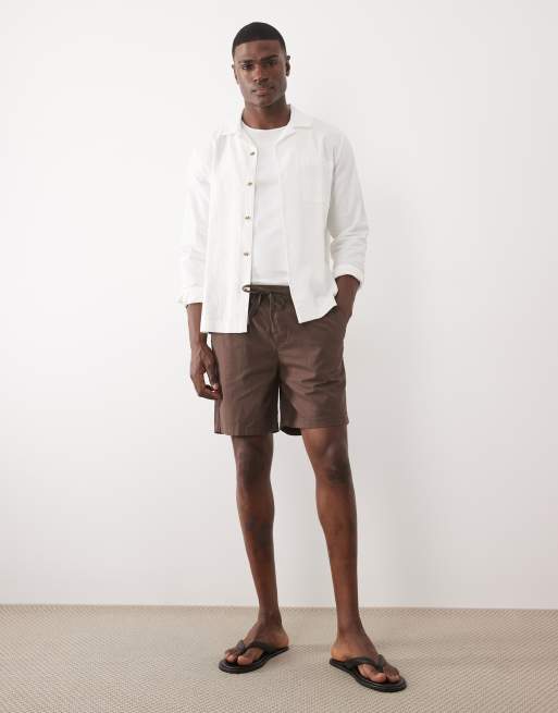 ASOS DESIGN - Pantaloncini taglio corto in misto lino marroni