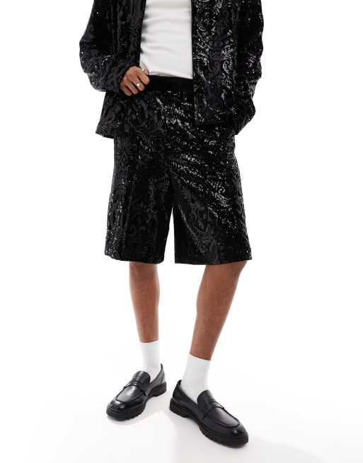 ASOS DESIGN - Pantaloncini taglio lungo ampi eleganti neri con paillettes in coordinato