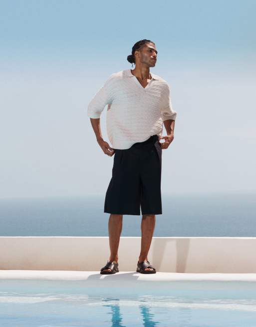 ASOS DESIGN - Pantaloncini taglio lungo neri in misto lino
