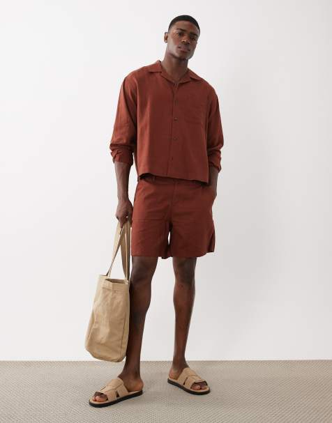 ASOS DESIGN - Pantaloncini taglio medio ampi in misto lino marrone in coordinato - view 1