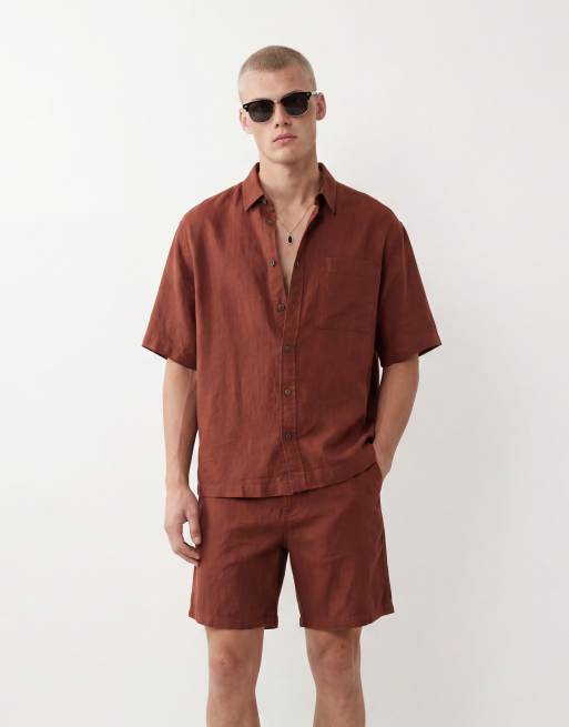 ASOS DESIGN - Pantaloncini taglio medio ampi in misto lino marrone in coordinato
