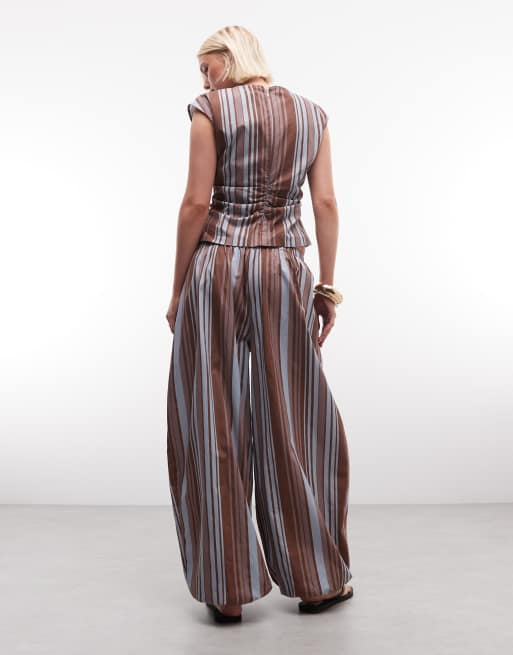 ASOS DESIGN - Pantalones a rayas azules y marrones de corte bombacho sin cierres de mezcla de algodón y nailon, 4 de 5
