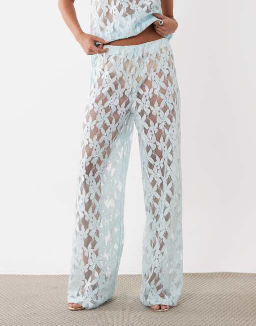 ASOS DESIGN - Pantalones azul tenue de pernera ancha de encaje (parte de un conjunto), 3 de 5