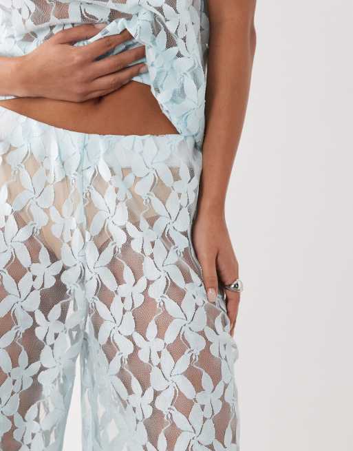 ASOS DESIGN - Pantalones azul tenue de pernera ancha de encaje (parte de un conjunto), 4 de 5